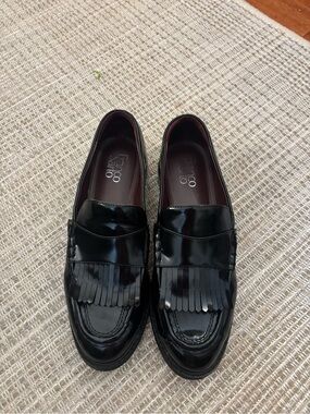 Franco Sarto Black Patent Kiltie Loafers with Fringe
